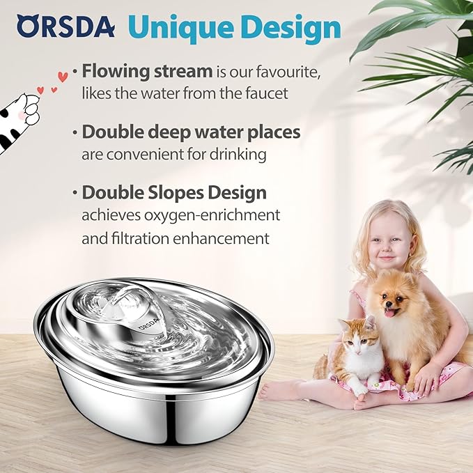 ORSDA Cat Water Fountain Stainless Steel, 2L Pet Fountain for Cats Inside, Dog Water Dispenser, Automatic Cat Drinking Fountains with 6 Replacement Filters for Cats, Small Dogs