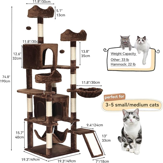 YITAHOME Tall Cat Tree for Indoor Cats, 75 inch Multi-Level Cat Tower with Cat Condos, Top Perches, Sisal Ramp Scratching Posts, Cozy Basket, Hammocks, Large Cat Pet Activity Structure, Brown