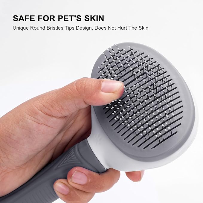 Self Cleaning Slicker Brush for Pet Grooming - Removes Loose Undercoat and Sheds, Suitable for Long and Short Hair Cats and Dogs, with Massaging Bristles (Grey)