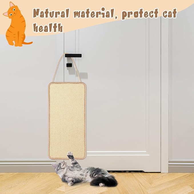 2 Pack Sisal Door Cat Scratching Mat Double Use Hanging Scratcher Wall Floor Mount Natural Cat Scratch Mat Kitty Scratching Pad for Indoor Kitten with Hemp Rope, 7.87 x 19.69(Natural)