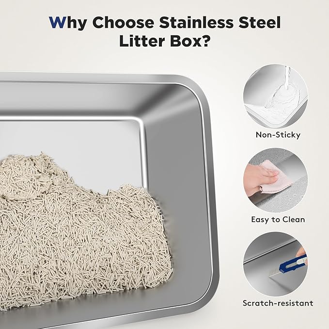 FURTIME Stainless Steel Litter Box with Lid, XL Extra Large Enclosed Cat Litter Box for Big Cats, Metal Cat Box with High Sided Enclosure & Scoop, Front & Top Entry, Odor Free, Anti-Leakage, Silver