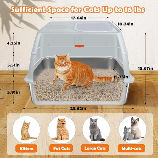 Vivifying Stainless Steel Litter Box with Lid, XL Front Entry Enclosed Extra Large Litter Box for Big Cats & Kitty, Top Exit Metal Cat Pan with Scoop, Mat, Trapping Step, Charcoal Filter (Gray)