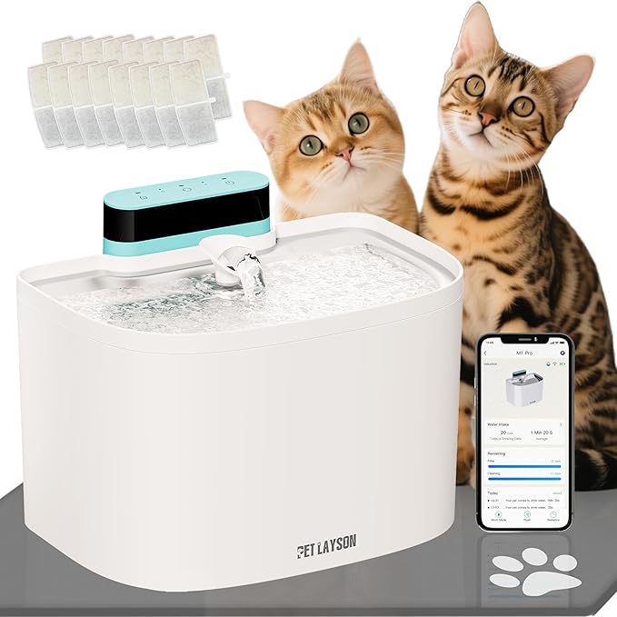 PET LAYSON Pumpless Cat Water Fountain,App Remote Control Smart Cordless Battery Operated 3.6L/122oz Wireless 2.4GHz Wi-Fi Networks Rechargeable Water Dispenser (White, M1Pro-16 Filter)