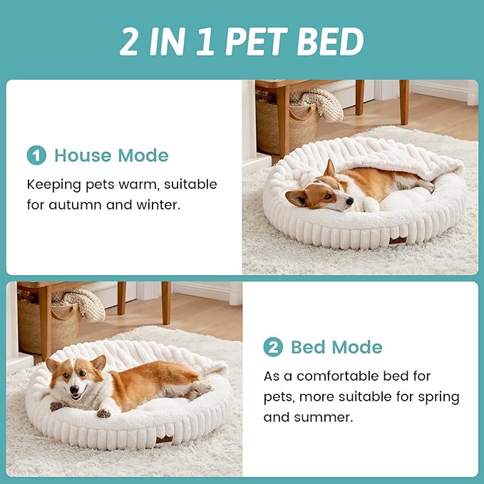 Dog Bed with Hooded Blanket, Round Fluffy Anti-Anxiety Pet Bed for Medium Dogs & Large Dogs, Cozy Donut Cuddler with Machine Washable Faux Fur & Anti-Slip Bottom(35"×35"×7",Cream)