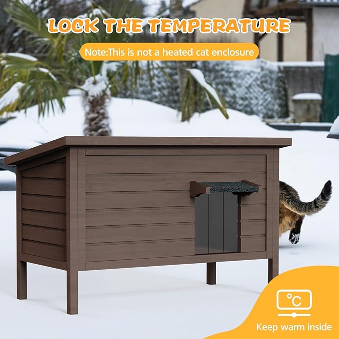 rehitk Outdoor Cat House for Winter Feral Cat House Waterproof All-Round Foam Insulated and Thermostatic Large Outdoor Cat Shelter, Solid Wood Cat Condos for Multiple Cats 34.4 "L * 21.7" W * 27.2" H