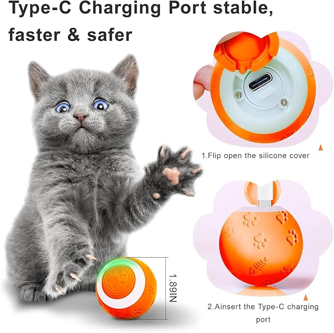 SEALON Electric Interactive Cat Toy Ball(Orange 4 Pack) Indoor Cat Play Ball, Suitable for Cats Over 6 Months for Exercise, Weight Loss, and Fun