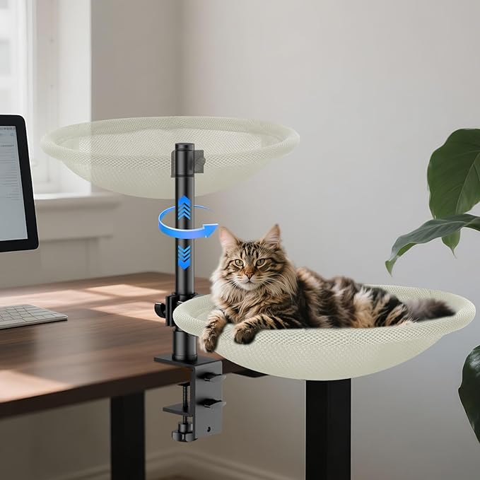 Cat Desk Bed & Perch - Breathable Soft Mesh Cat Hammock Nest for Home Office Desk, 360° Flexible Adjustable, Holds Up to 61 lbs for Gaming/Study Table (Beige)