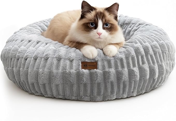 ShinHye Cat Bed - Washable Donut Bed for Cats and Small Dogs, Calming Round Pet Bed with Non-Slip Bottom, Indoor Comfort for Puppy & Kitten(ZJ-Grey-20x20)