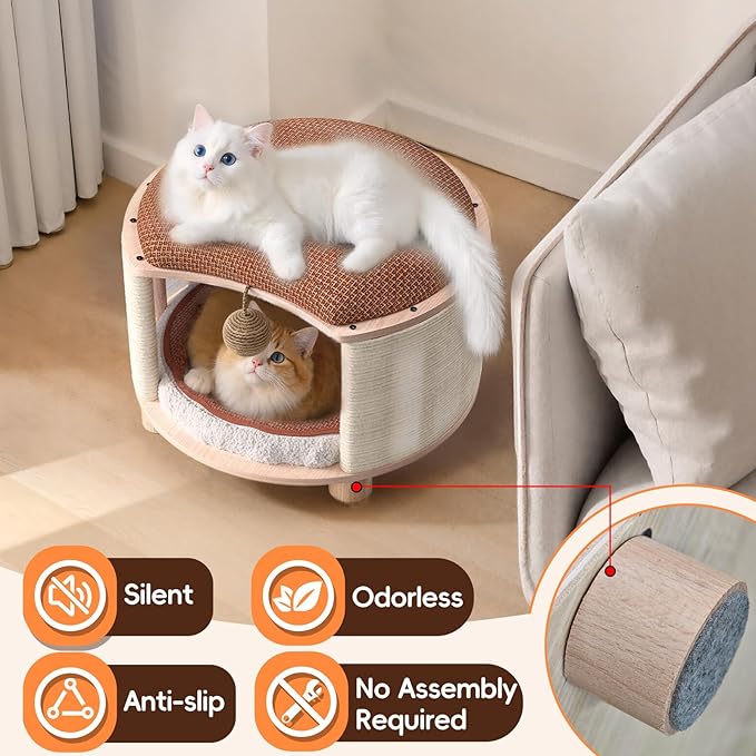 Solid Wood Cats House Stool, 300-lb Capacity. Large Cat Bed Cave for Indoor Cats & Humans. Cat Toy Ball, Removable Scratching Pad, Fleece Blanket. Suitable for Pets Under 20 lbs. 15.7"x15.7"x10.6"