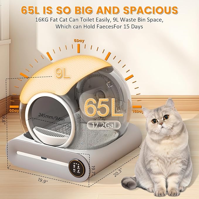 Self Cleaning Cat Litter Box, 65L+ 9 L Extra Large Robot Automatic Litter Box for Multiple Cats, APP Control, Deodorization & Negative ion Sterilization,[White]