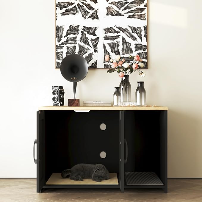 Cat Litter Box Enclosure, Hidden Litter Box Furniture with 2 Doors,Wooden Cat Washroom Indoor, Freestanding Cabinet for Living Room,Hallway,Black