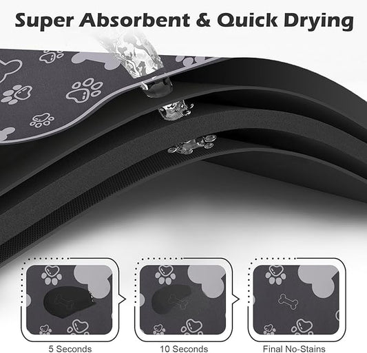 Dog Cat Food Mat,Rapid AbsorbentPet Feeding Mat, Bone Shaped Dog Placemat Water Bowl Mat with Rubber Backing,No Stains Dog Cat Food Mats Indoor, Pet Accessories Supplies 17""×29"" Dark Grey
