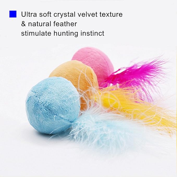Furry Rattle Ball Cat Toy with Feather and Catnip - Interactive Pom Pom Balls for Cats, Soft and Lightweight, 2 Inch, 12 Pack.