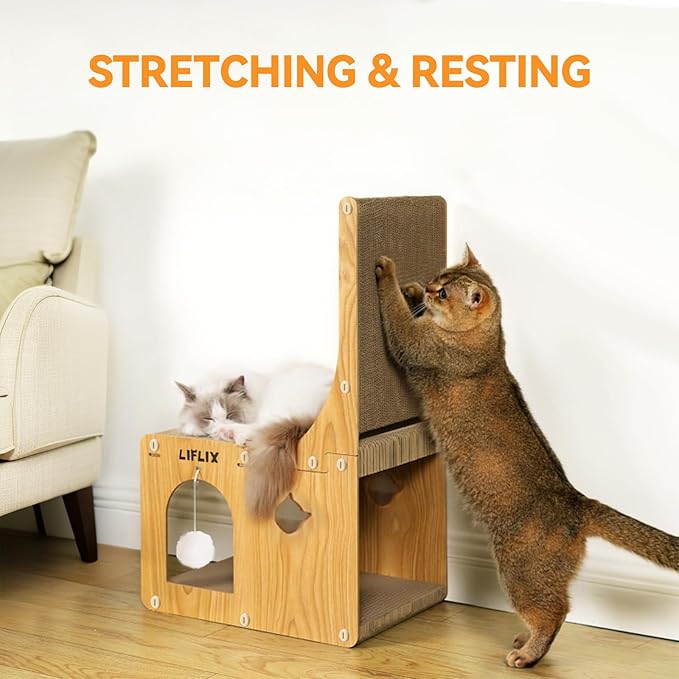 L-Shaped Double-Layer cat Scratching Board, Cardboard cat Scratching Post with Toys, Cat Scratcher & Hideaway for Indoor Cats to Scratch, Rest and Play