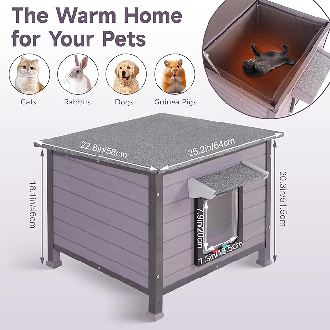 Insulated Cat House Outdoor, Wooden Feral Cat Shelter Weatherproof with Thickened Insulated Liner Keep Warm in Winter for Intdoor Cats, Dogs