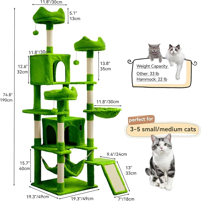 YITAHOME 75-Inch Tall Cat Tree Indoor: Multi-Level Kitten Tower with Kitty Condos, Top Perches, Sisal Ramp, Scratching Posts & Cozy Basket Hammocks Pet Play House Green