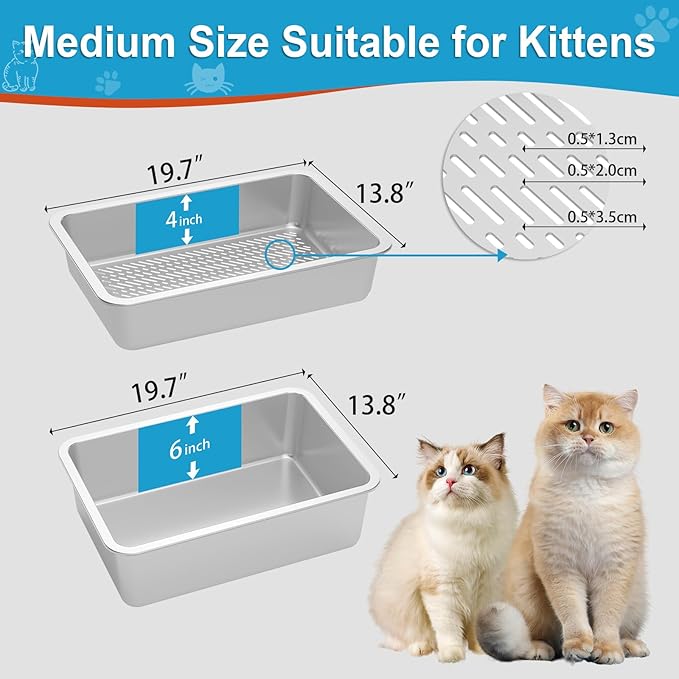 Stainless Steel Sifting Litter Box,Metal Sifting Cat Litter Box for Wood Pine Pellets,Medium Sifter Litter Pan System for Small Cats,Odor Control,Easy to Clean,with Litter Boxes Liners and Metal Scoop