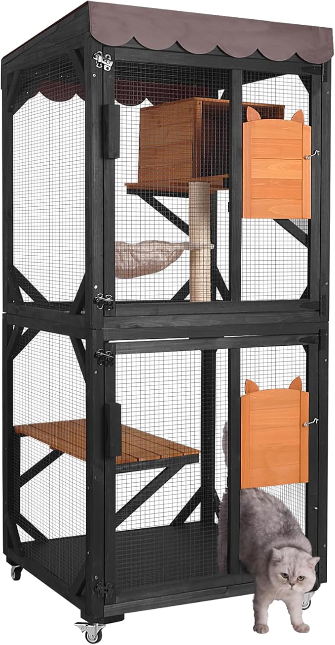 Aivituvin Outdoor Catio Cat Enclosures on Wheels Cat House 70.9" Large Kitty House with Upgraded Resting Box,Waterproof Roof Cover,Brown