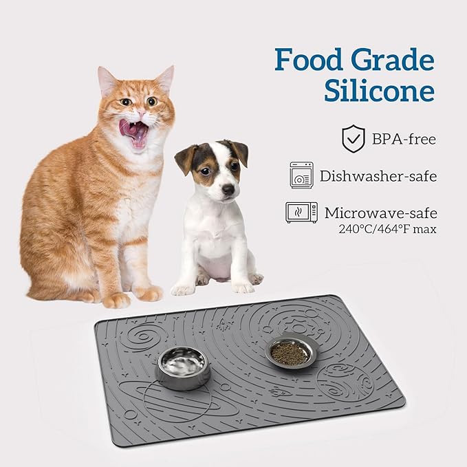 OHMO Dog Food Mat, Silicone Waterproof Cat Food Mat, Non-Skid Spill Proof Pet Feeding Mat for Food and Water, Easy to Clean Dog Placemat(Grey, 23.6" x 15.8")