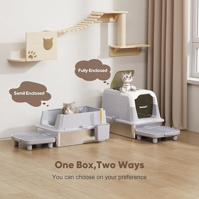 Stainless Steel Litter Box with Lid,XXL Extra Large Enclosed Metal Litter Box for Big Cat, Removable Front Entry Top Exit Kitty, with High Sided Enclosure & Scoop, Footboard(Grey)