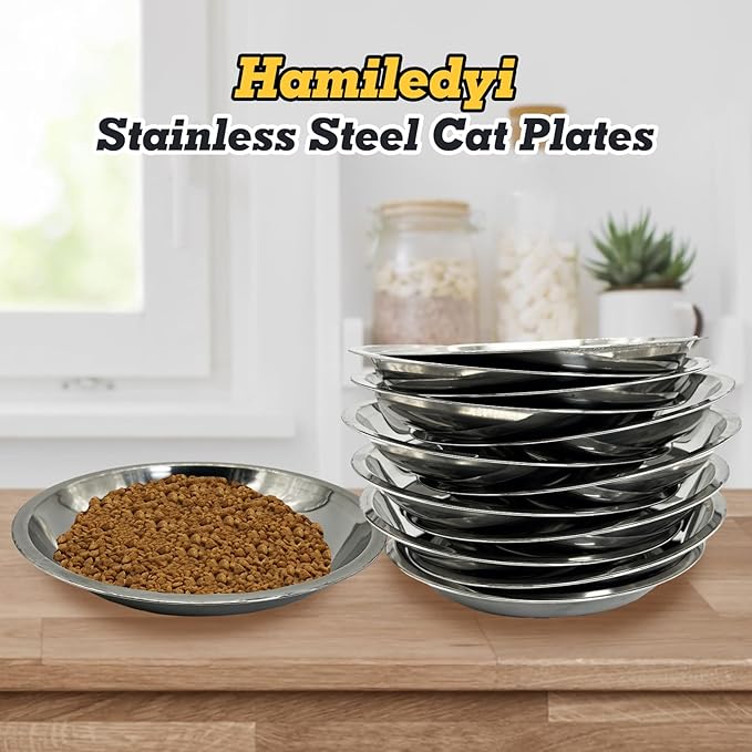 Hamiledyi 12 Pcs Stainless Steel Cat Bowls Shallow Metal Pet Dishes Large Cat Feeding Plate Replacement Whisker Fatigue Kitten Food Bowl for Dogs Cats and Other Small Animals (8.67 Inch Diameter)