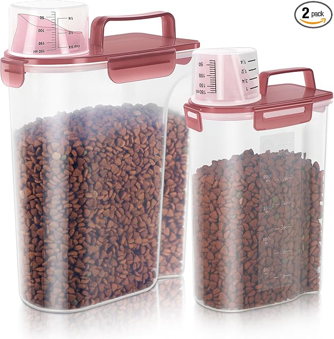 Dog Food Storage Container, Upgraded Large Nozzle BPA-free, 8-12 LBS Plastic Pet Food Storage Containers, With 4 Sealed Clasps, 1 Measuring Cup and Handle (2, Clear Pink, (3L+5L))