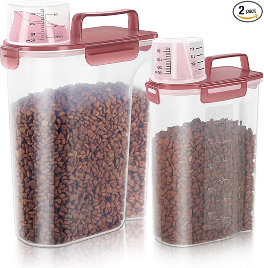 Dog Food Storage Container, Upgraded Large Nozzle BPA-free, 8-12 LBS Plastic Pet Food Storage Containers, With 4 Sealed Clasps, 1 Measuring Cup and Handle (2, Clear Pink, (3L+5L))