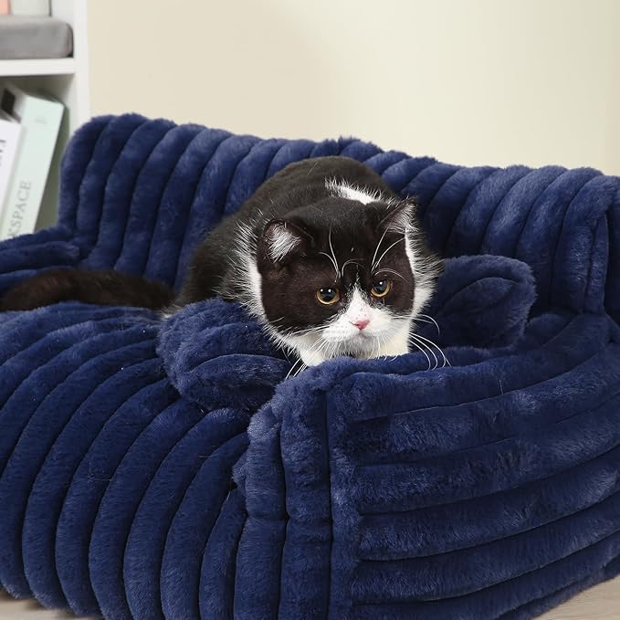 Extra Wide Fluffy Cat Bed, Small Dog Bed with Bone Shaped Pillow, Anti-Anxiety Pet Couch with Washable Cover, Blue
