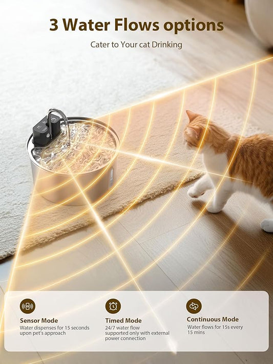 Wireless Cat Water Fountain - 108oz/3.2L Automatic Cat Water Fountain Cordless, Stainless Steel Battery Operated Pet Fountain Rechargeable Water Dispenser for Cats, Dogs, Multiple Pets