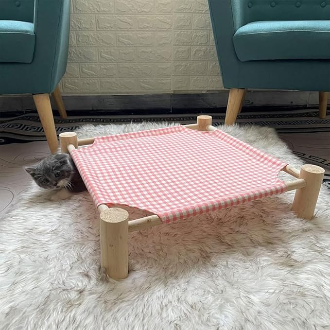 Pozico Elevated Cat & Dog Bed – Wooden Frame Pet Hammock for Small Dogs & Cats, Indoor/Outdoor Raised Bed with Breathable Mesh, Portable Pet Cot Furniture – Pink Grid