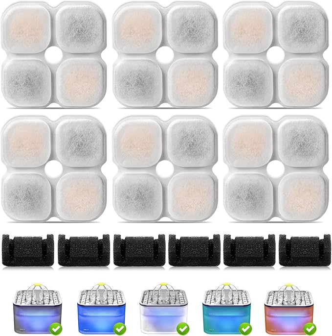 Cat Water Fountain Filter,Compatible 101oz/3L Crystal Stainless Steel Pet Water Fountain,Cat Fountain Replacement Filter 6 Set