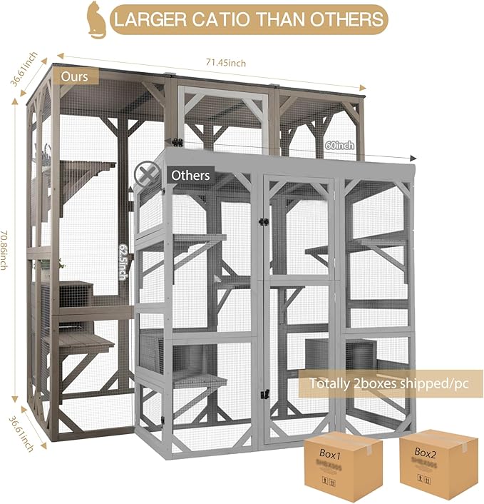 71" Catio Outdoor Cat Enclosure, Large Wooden Weatherproof Outdoor Cat Enclosure for Indoor Cats, Catios Attached to Window Catio for Cats, 7Platforms-71-Inch H
