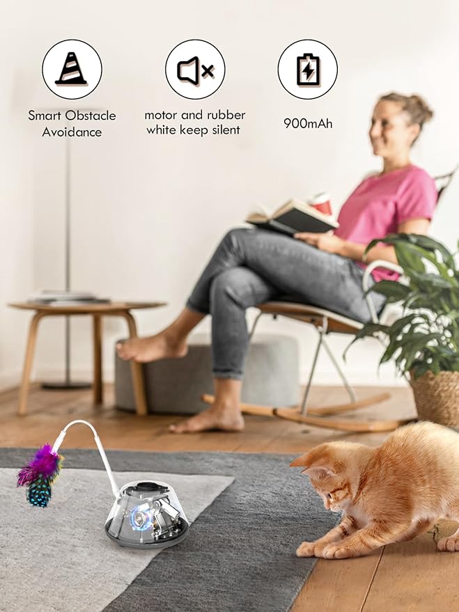 Automatic Interactive Cat Toys for Indoor Cats with Removable Feathers,3 Speed Play Modes,Smart Standby,USB Powered,Rubber Wheels for Adult Cats Kitten to Keep Busy Exercise,CT01-K