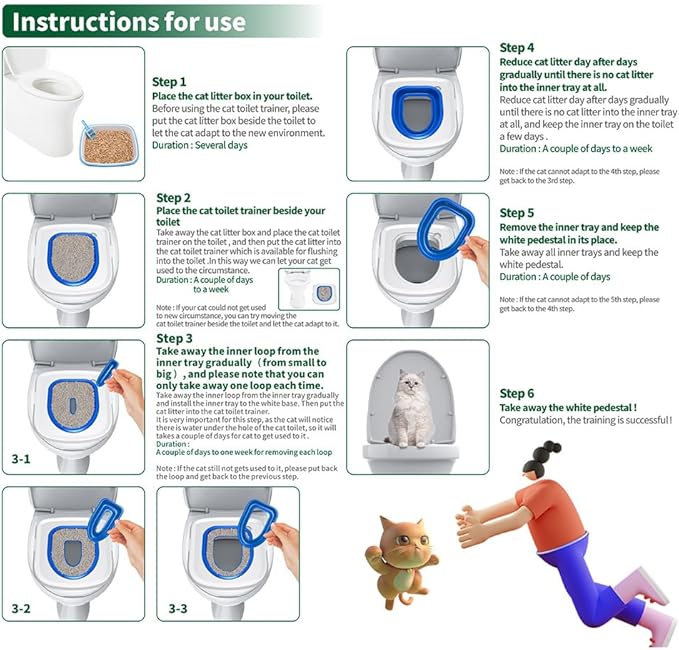 Cat Toilet Training Systems,Cat Toilet Training Kit,Reusable Plastic Trainer for Pet Cleaning with 1 Replaceable Cat Feather Toy,Litter Boxes (Pink)