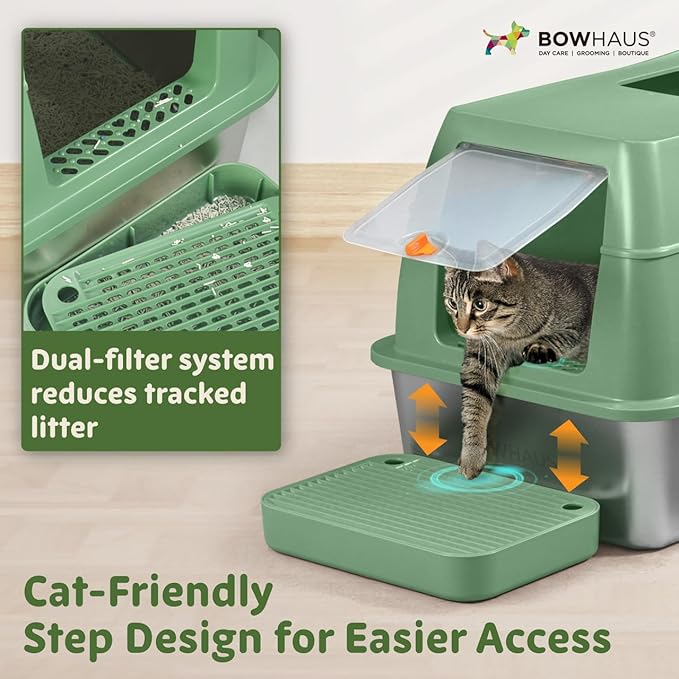 XL 3 in 1 Enclosed Extra Large Metal Litter Box w/Lid, Stainless Steel Cat Litter Box, Odorless Steel Litter Pan, Anti-Leakage & Easy Clean, High Sided Metal Litter Box w/Scoop, Green