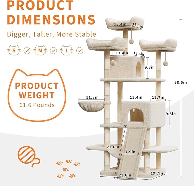 68.5 Inch Multi-Level Cat Tree, Plush Cat Tower with Condo/Sisal Scratching Posts/Hammocks/Basket/Dangling Ball/Platform, Heavy Duty Cats Tree to Play and Sleep, 2605#Beige