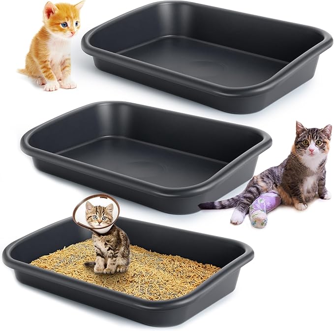 3 Pcs Large Cat Litter Box, Low Entry Senior Cat Litter Box Open Top Pet Litter Boxes Tray for Big Older Cats Kitten Sick Frail or Disabled Cat, 23.2" L x 16.5" W (Dark Gray)