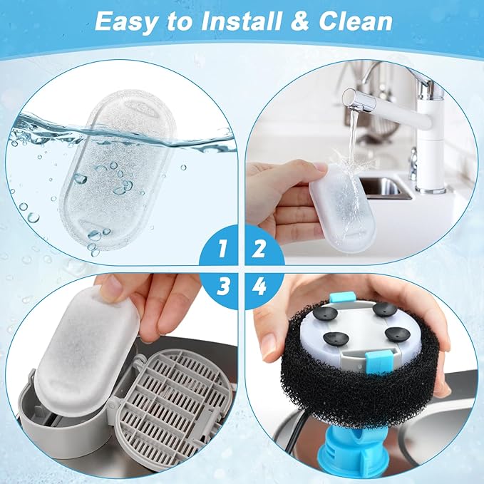 Cat Water Fountain Filter, 4 Pcs Cat Filters Replacement Pet Water Fountain Filters with 4 Pcs Sponges Foam for 67oz/2L & 108oz/3.2L Stainless Steel Automatic Cat Water Fountain Dispenser Filters