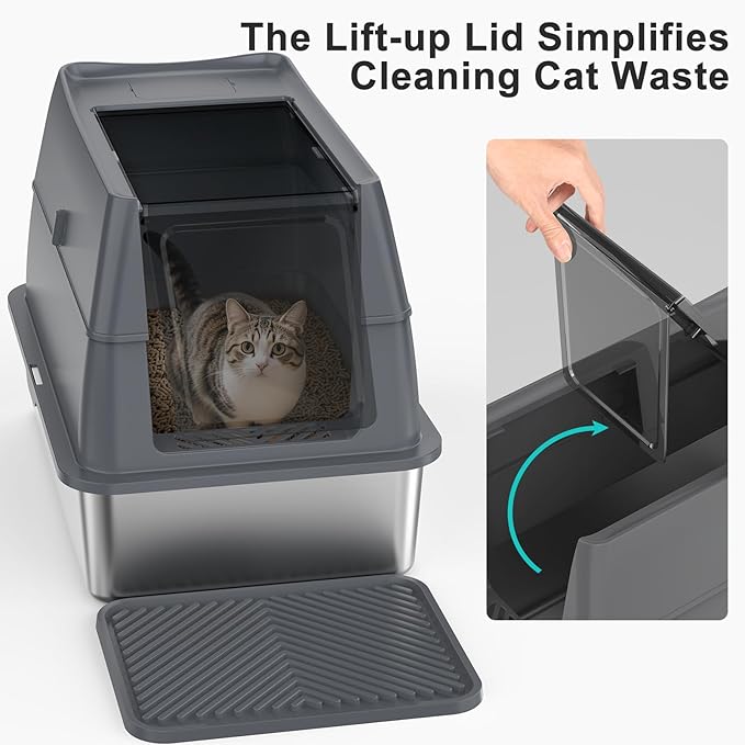 Enclosed Stainless Steel Cat Litter Box with Lid, FILP-Top High Sided Enclosure Metal Litter Boxes with Scoop Set for Big Cats, Non-Sticky, Anti-Leakage, Easy Cleaning,Transparent Grey