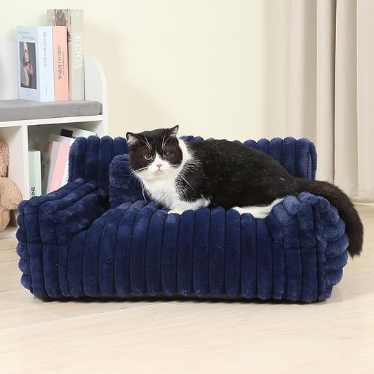 Extra Wide Fluffy Cat Bed, Small Dog Bed with Bone Shaped Pillow, Anti-Anxiety Pet Couch with Washable Cover, Blue