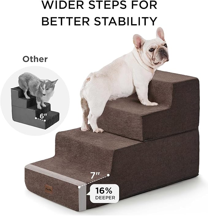 Made4Pets Dog Steps for Bed, Extra Wide Dog Stairs for High Bed Couch Sofa, 35D Foam Pet Steps for Small Dogs and Cats, Non-Slip Bottom Pet Stairs, Brown, 4 Steps