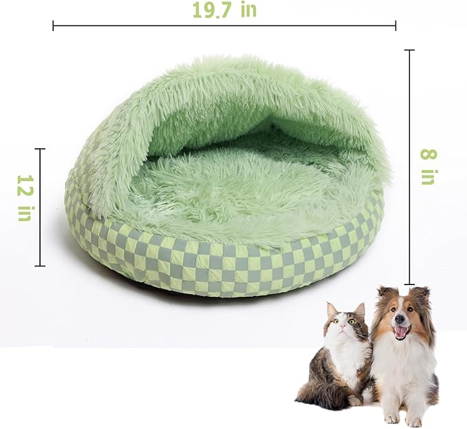 Cat Bed Hooded Plush Nest with Self-Warming Cozy Cave, Calming Anti-Anxiety Pet Bed for Indoor Cats & Small Dogs, Removable Washable Cover & Waterproof Bottom - Green