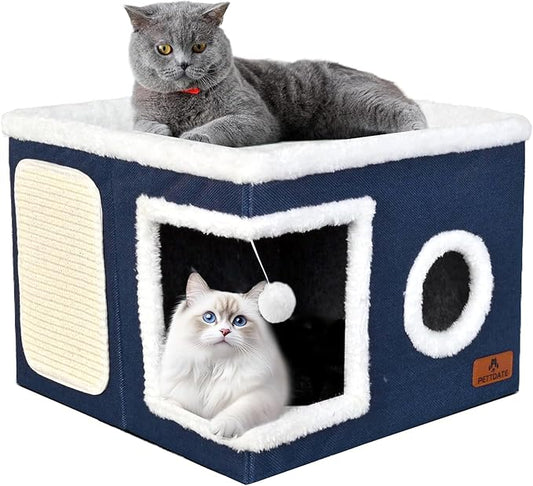 Cat Beds for Indoor Cats, Large Cat Cave Bed with Scratch Pad and Fluffy Ball, Foldable Cat Hideaway, Cat House with Reversible Cushion for Multi Small Pet Up to 30LBS, Blue