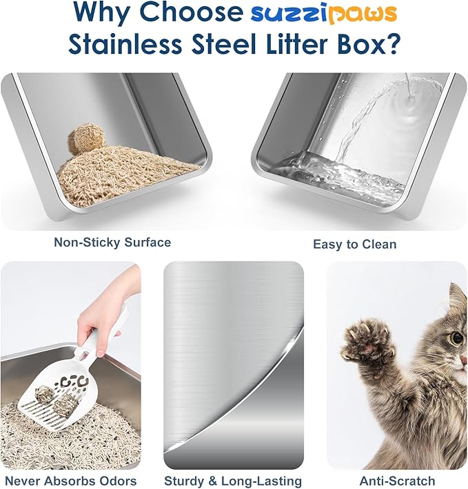 2 Pack 8" Deep Stainless Steel Litter Box with Lid, Extra Large & Deep Stainless Steel Cat Litter Box for Multipul Cats, Metal Litter Pan with Anti-Leakage High Wall, Litter Pan Easy Cleaning