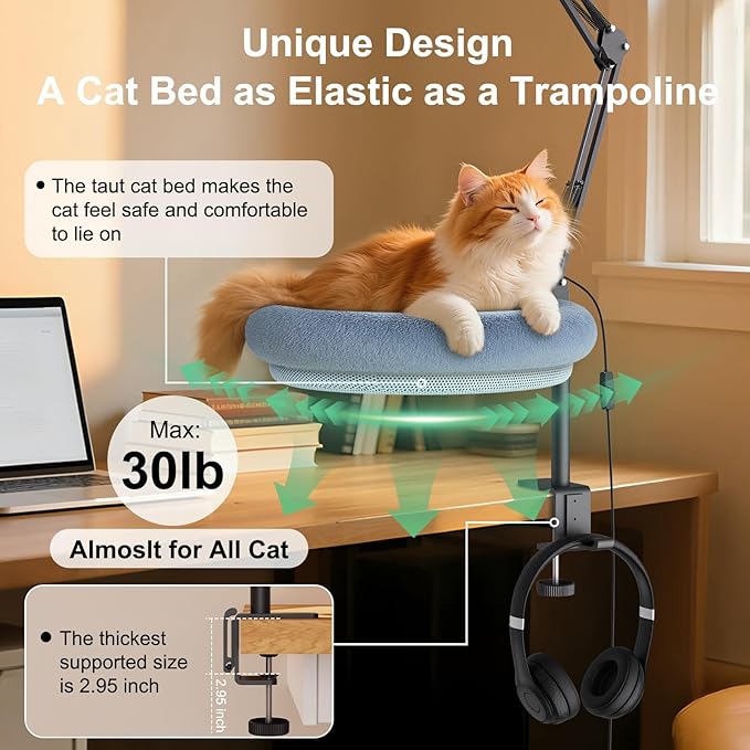 Cat Desk Bed with Desk Lamp - Cat Bed with 360 Rotation & Adjustable Height - Soft & Comfortable Hammock