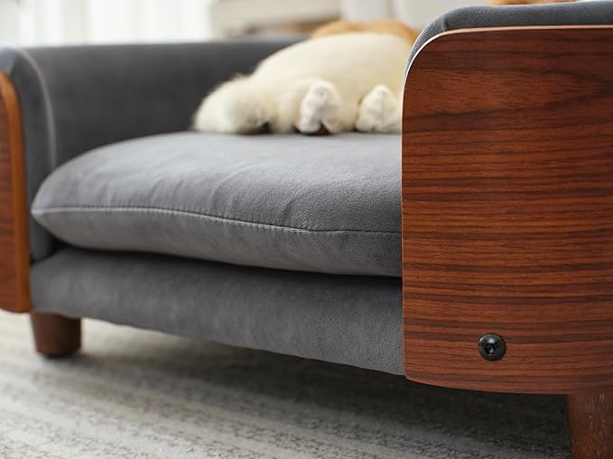 HomSof 26.38" Scandinavian Style Elevated Dog Cat Bed Pet Sofa with Solid Wood Legs and Bent Wood Back with Velvet Cushion,Small Size，Grey+Brown