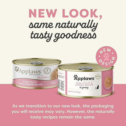 Applaws Natural Wet Cat Food in Gravy, Limited Ingredient Canned Wet Cat Food, No Additives, Made with Natural Ingredients, Tuna Fillet & Shrimp in Gravy (24 x 2.47oz Cans)