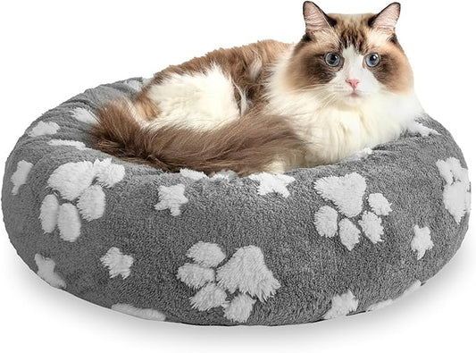 Donut Dog Beds for Small Dogs, Calming Round Cat Beds for Indoor Cats, Cute 3D Textured Paw Pet Bed with Removable Washable Cover and Anti-Slip Bottom（Grey，20"）