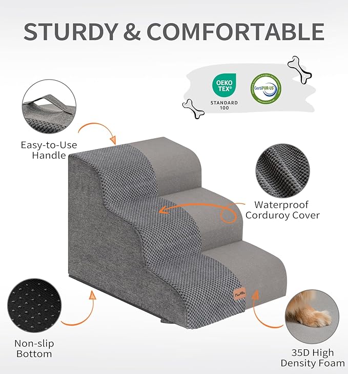 Made4Pets Dog Stairs Ramp for Bed, 4-Step Dog Steps for High Bed Couch Sofa Climbing, 35D Foam Pet Steps for Small Dogs and Cats, Non-Slip Bottom Pet Stairs, Grey