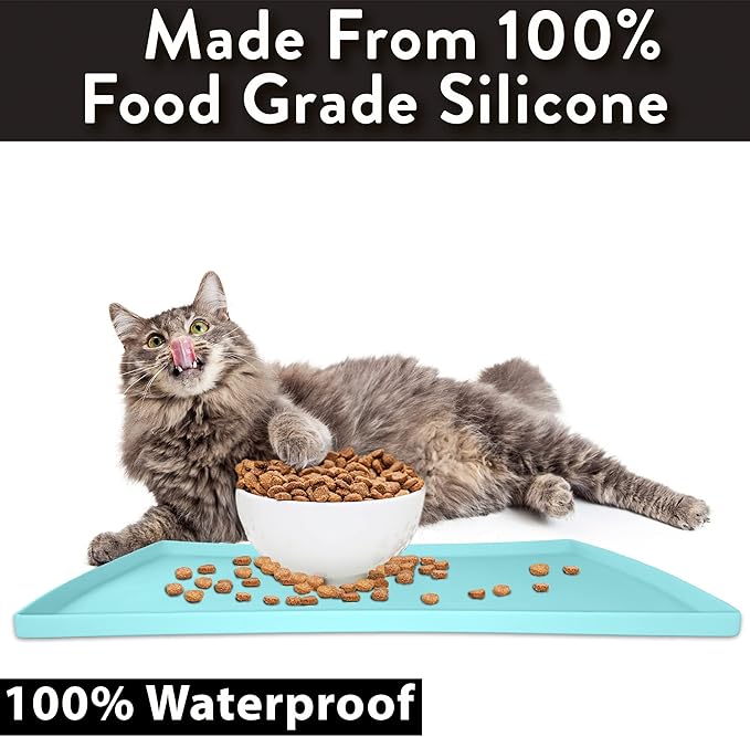CatGuru Cat Food Mat, Small & Large Pet Feeding Mat, 100% Waterproof Cat Placemat for Food and Water, Non-Slip Silicone Mats for Cats Bowls or Water Fountain (Large, Aruba)